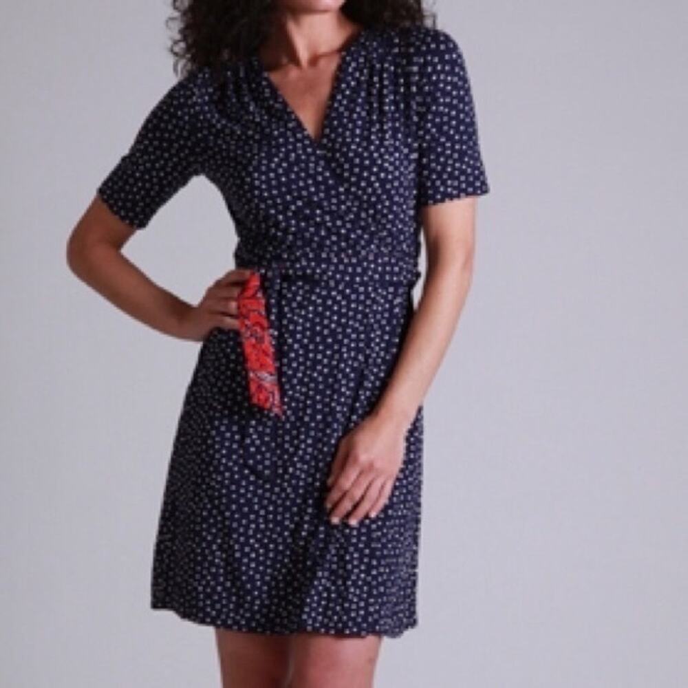 Lilly Pulitzer Adalie Wrap Dress XS Blue Polka Dot Knee Length 3/4 Sleeve